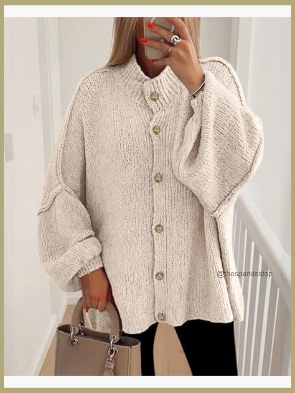 Chunky Knit Oversized Cardigan Sweater - Button Front Lantern Sleeve - Picture 2 of 7